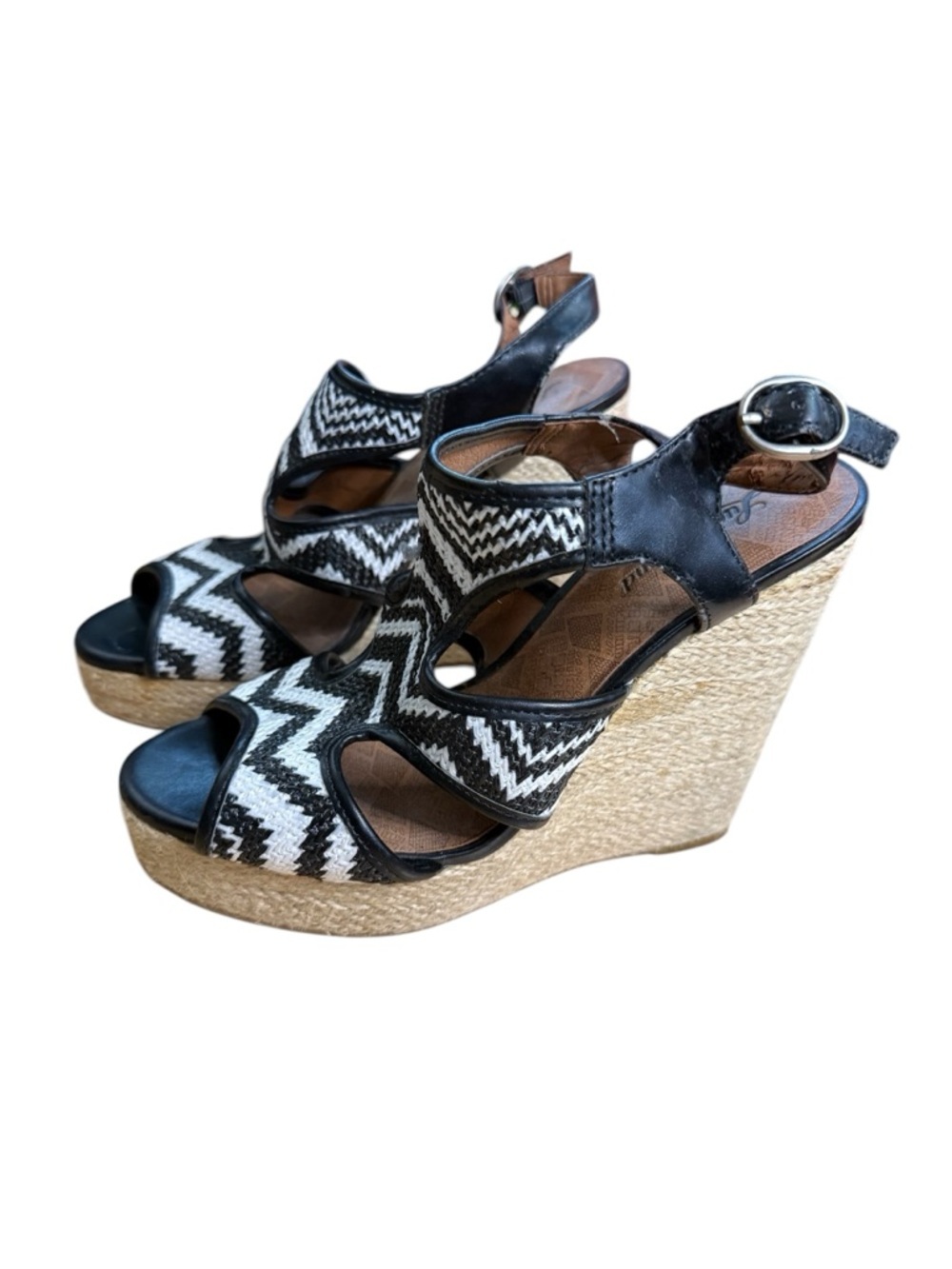 Lucky Brand Black & White Chevron Wedge Sandals WELL WORN Size 7.5